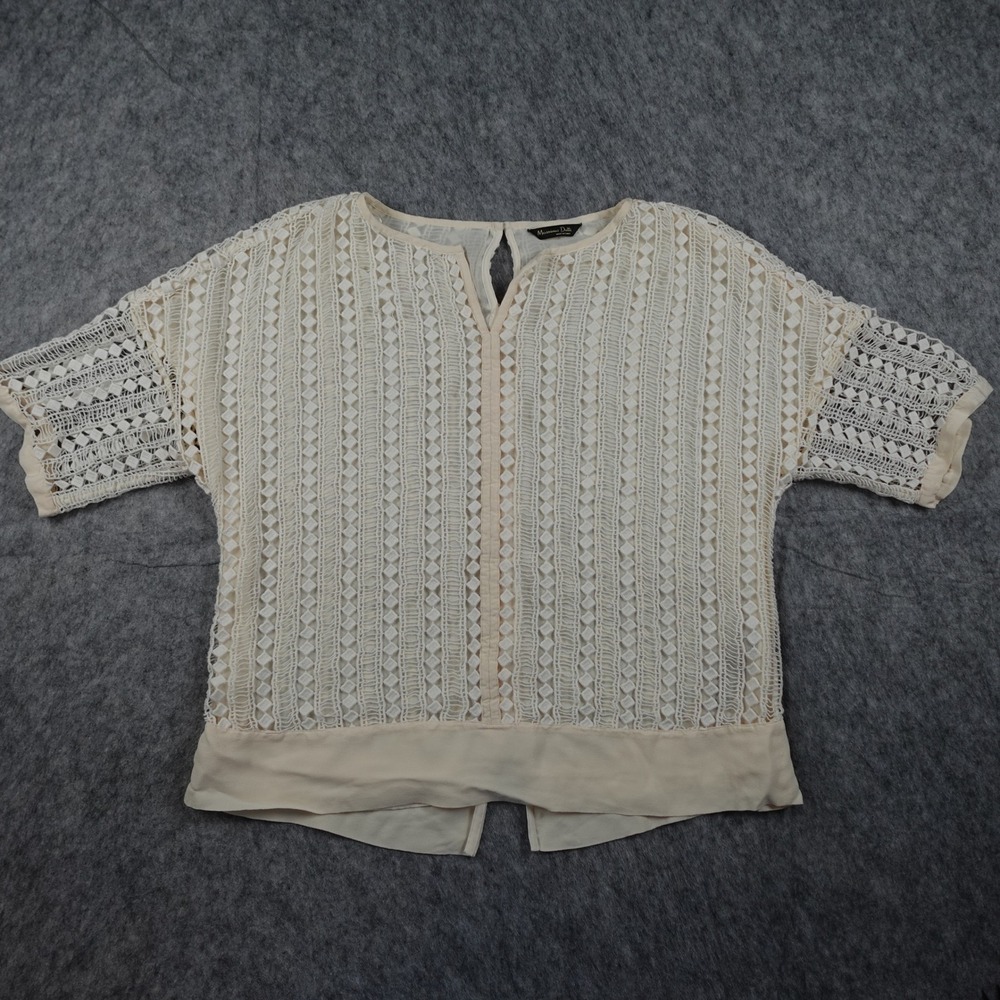 Massimo Dutti Top Women Small Cream Lace Crochet Short Sleeve V Neck Coquette